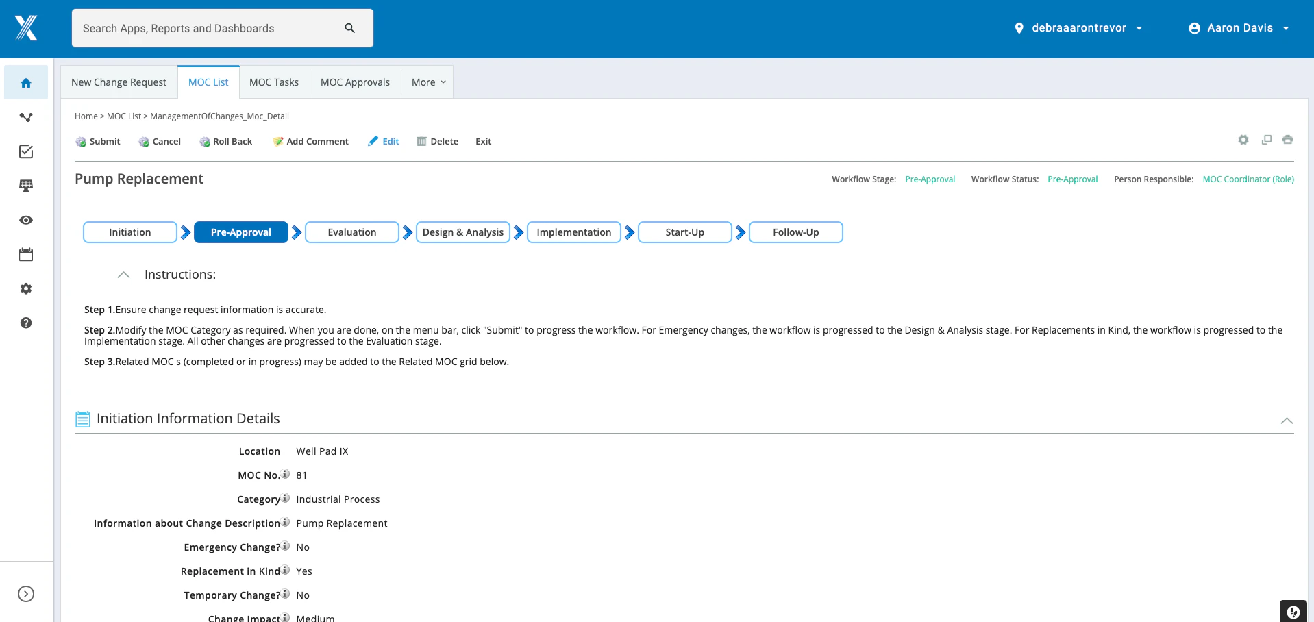 screenshot of Management of Change